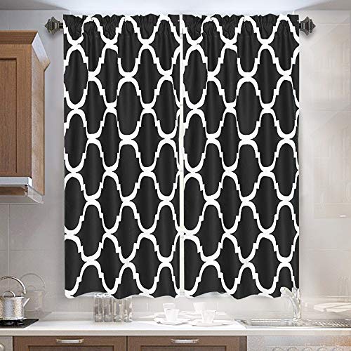 Melodieux Set of 2 Moroccan Fashion Tier Curtains for Kitchen, Geometric Lattice Rod Pocket Curtains for Cafe Bathroom Small Windows, 45 Inch Length, Black