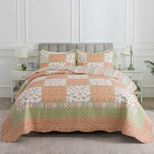 HoneiLife Queen Size Quilt Sets - Microfiber Quilt Set 3-Piece,Lightweight Bedspreads Reversible Coverlets Retro Bed Cover Floral Bedding Set, Queen Quilt Bedding Sets for All Season Use