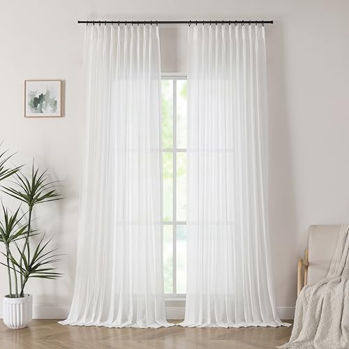 "Central Park White Pinch Pleated Voile Sheer Curtain Panels Linen Textured Window Treatment Drape 95 Inches Long with Hooks Farmhouse Rustic for Living Room Bedroom, 60""x95""x2"