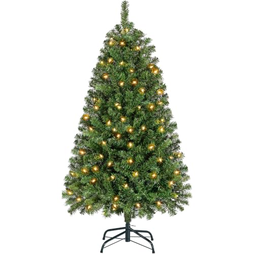 Yaheetech 5ft Pre-Lit Spruce Christmas Tree, 8 Modes Warm White LED Lights - 152.5cm Artificial Christmas Tree - 396 Branch Tips - 200 LED Lights- Foldable Metal Stand - Home & Office Holiday Decorative