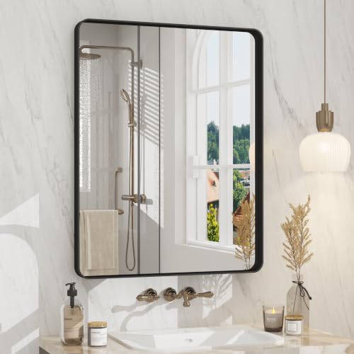 CHARMOR 24x30 Inch Black Metal Framed Bathrrom Mirror for Wall, Matte Black Rectabgle Mirror, Rounded Corner, Anti-Rust (Horizontal/Vertical)