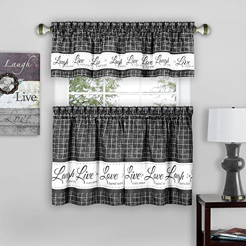 "Achim Home Furnishings, Charcoal Live, Love, Laugh Window Curtain Tier Pair and Valance Set, 58"" x 36"", Pair & Valance"