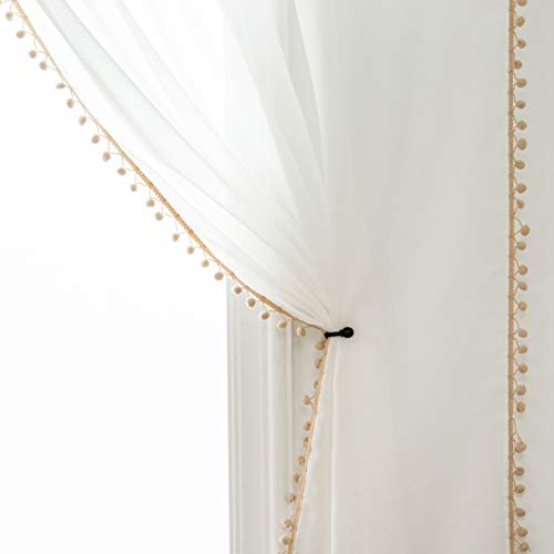 MISS SELECTEX Linen Look Pom Pom Tasseled Sheer Curtains - Rod Pocket Voile Semi-Sheer Curtains for Living and Bedroom, Set of 2 Curtain Panels (52 x 95 inch, White Sheer & Nature Pom Poms)