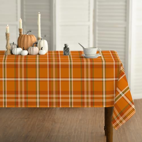 Horaldaily Fall Tablecloth 60??104 Inch Rectangular, Autumn Buffalo Plaid Orange Washable Seasonal Table Cover for Party Picnic Dinner Decor