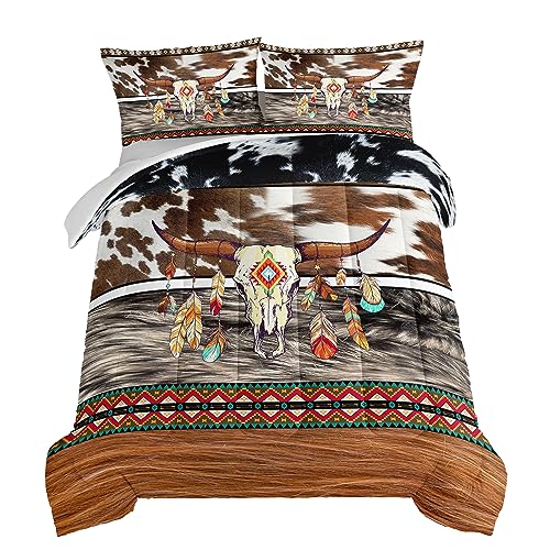 HOSIMA Western Bedding Longhorn Skull Queen Comforter Set 3 Pieces,Western Highland Cowhide Print Bedding for Boys Teens Soft Microfiber Fluffy Comforter Farmhouse Style Room Decor Aesthetic.