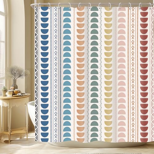 Boho Shower Curtain Set Kids Nursery Neutral Bohemian Modern Bathroom Decor - 60x72 Geometric Abstract Simple Minimalist Waterproof HD Printed, Quick Dry Fabric, 12 Plastic Hooks for Easy Installation