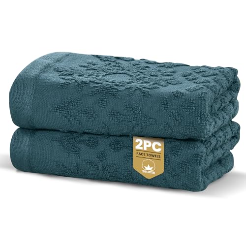 Rapport Home Versailles Jacquard Face Towels 2-Pack – Luxurious 100% Cotton 500gsm Soft Absorbent Face Cloths, Oeko-Tex Certified Bathroom Hand Towels – Lagoon (30x30cm)