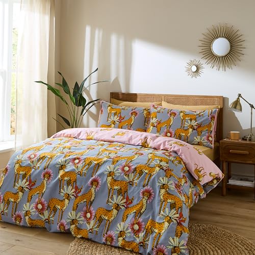 Their Nibs Untamed Cheetah Cotton Reversible Super King Duvet Cover Set with Pillowcases Grey
