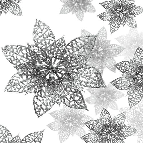 WILLBOND 36 Piece 3 Size Christmas Glitter Poinsettia Artificial Wedding Flowers for Christmas Tree, New Year, Home & Outdoor Decoration (Silver)