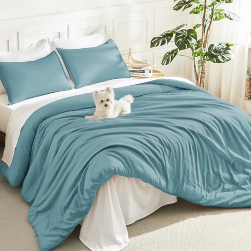 Litanika Comforter Full Size, 3 Pieces Lightweight Solid Bed Set - Grayish Teal Soft Fluffy Down Alternative All Season Quilt Blanket