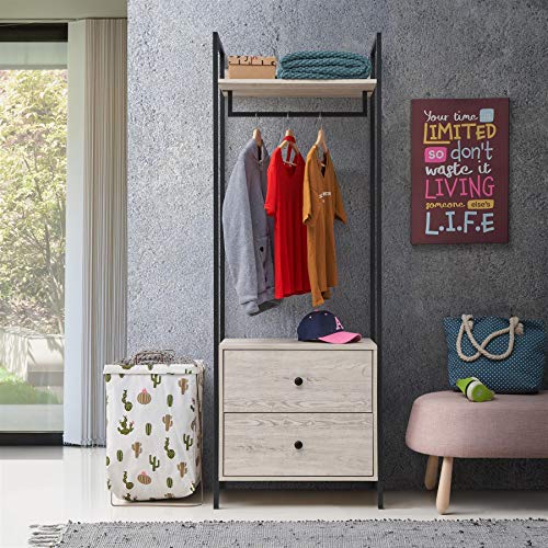 Timber Art Design UK Zahra Bedroom Open Wardrobe with Hanging Rail and 2 Drawers Modern Furniture Cupboard Storage Organizer Unit For Bedroom, Living Room, Ash Oak, H180cm x W63.8cm x D40cm