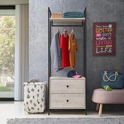 Timber Art Design UK Zahra Bedroom Open Wardrobe with Hanging Rail and 2 Drawers Modern Furniture Cupboard Storage Organizer Unit For Bedroom, Living Room, Ash Oak, H180cm x W63.8cm x D40cm