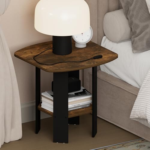 Furinno TIDUR Night Stand, 2-Tier Open Shelf Design Nightstand with Storage Shelf, Round Corner Bedside Table, End Table, Side Table, for Bedroom, Closet, Living Room, Amber Pine