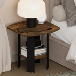 Furinno TIDUR Night Stand, 2-Tier Open Shelf Design Nightstand with Storage Shelf, Round Corner Bedside Table, End Table, Side Table, for Bedroom, Closet, Living Room, Amber Pine