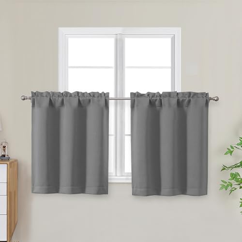 "OWENIE Light Grey Short Blackout Curtains Tier 24 Inch Length, Small Kitchen Curtain Rod Pocket Privacy Half Window Curtains for Bathroom Basement Cabinet Camper RV Bunk, 2 Panels, Each 30"" Wx24 L"