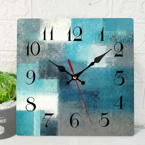 ArtSocket Wooden Wall Clock Silent Non-Ticking, Green Blue Grey Teal Abstract Painting Gray Square Rustic Coastal Wall Clocks Decor for Home Kitchen Living Room Office, Battery Operated(12 Inch)