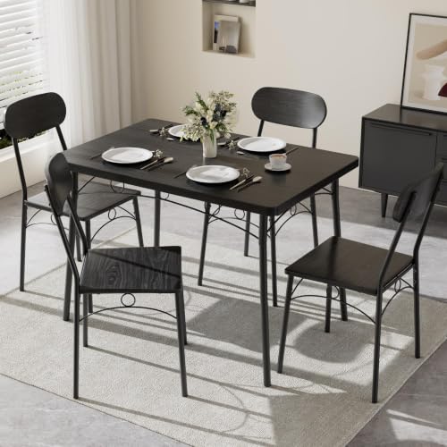 VECELO Dining Table and Chairs Set 4, Modern Kitchen Table Set, MDF Top & Metal Legs for Small Spaces, Dining Room, Home Apartment, Space Saving, Black, 110x70x75cm