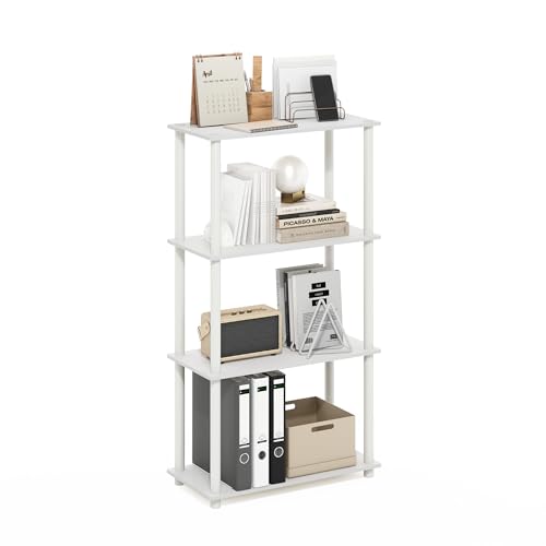 Furinno TURN-N-TUBE Storage Shelves, 4-Tier Toolless Book Shelf, Corner Shelf, Toolless Open Shelves, for Organization and Storage, Living Room, Garage, Home Office, White