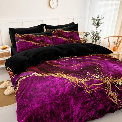 Black Gold Comforter Set 8 Pcs Hot Pink Marble Bedding Set King Size Bed in A Bag Purple and Black Marble Stone Texture Abstract Room Decor Black Marble Bed Comforter