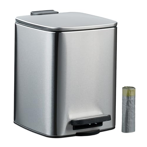 Relaxdays Bathroom Pedal Bin, 6 Litres, Soft-Close Lid, Removable Inner Bucket, Metal, Sanitary Waste, Toilet, Silver