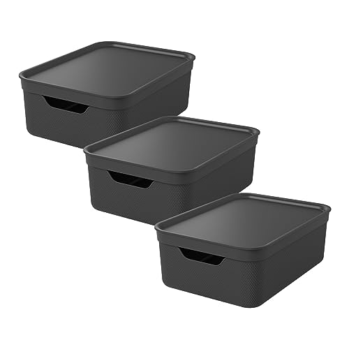 Rotho Jive Storage Boxes with Lids Set of 3 10 L Stackable Woven Look Black - Toy Storage, Stackable Storage Boxes, A4 Storage Box, Woven Pattern, Grip Openings, Nest Inside Each Other When Empty