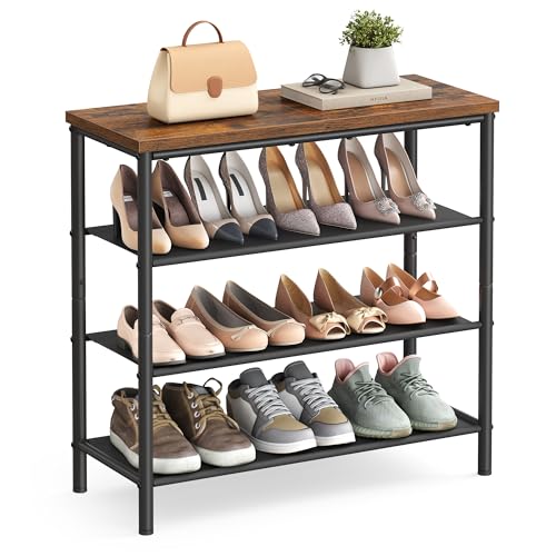 VASAGLE Shoe Rack 4 Tier, Narrow Shoe Storage Organiser, with 3 Fabric Shelves and Top for Bags, Steel Frame, for Entryway, Closet, Industrial, Rustic Brown and Black LBS035B01