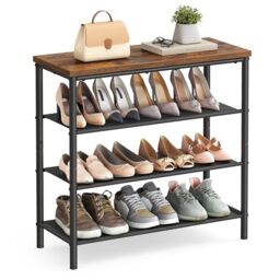 VASAGLE Shoe Rack 4 Tier, Narrow Shoe Storage Organiser, with 3 Fabric Shelves and Top for Bags, Steel Frame, for Entryway, Closet, Industrial, Rustic Brown and Black LBS035B01
