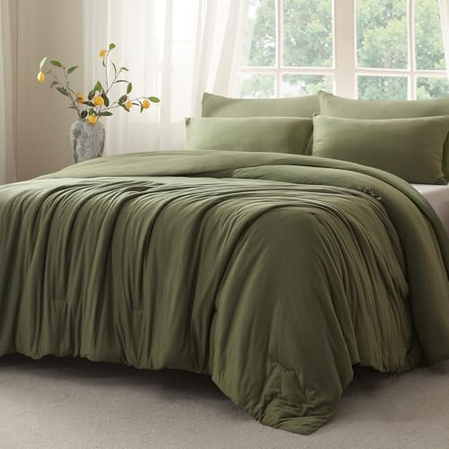 Voguease Queen Comforter Set, Comforters Queen Size Luxury Ultra-Soft Jersey Knit Bedding Sets, Olive Green Lightweight Down Alternative Bed Comforte Queen for All Season, 3 Piece Bedding Setrey
