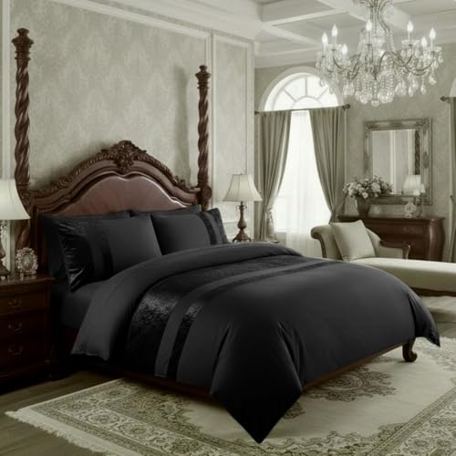 Casabella Luxury Crushed Velvet Panel Band Duvet Cover Sets with Pillow Case Single Duvet Cover Bedding Set – Black Crush Velvet Single Duvet Cover Sets