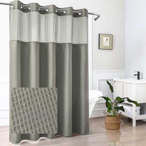 Mrs Awesome No Hook Shower Curtain with Snap-in Liner, Embossed Design Fabric Shower Curtain for Bathroom, Soft & Lightweight, 71x74, Gray