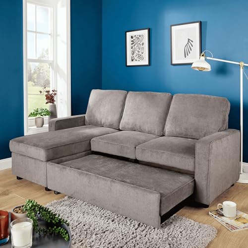 Home Source Kingston Corner Sofa Bed – Grey Polyester, Reversible Chaise, Pull Out Bed - 207W x 138D x 91H cm - Double Sofa Bed with Storage