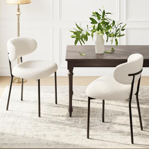MALOL Dining Chairs Set of 2, Boucle Chairs for Dining Room with Metal Legs & Curved Backrest & Thick Cushion, Upholstered Teddy Fabric Sherpa Kitchen Chair with Anti-Slip Pads, Beige