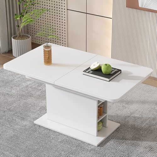 Ball & Cast Extendable Dining Tables with Storage, Modern Rectangular Dining-Table w/Leaf and Open Shelves, 110~130cmL Multi-functional Expandable Kitchen Table for Small Spaces Apartment, White