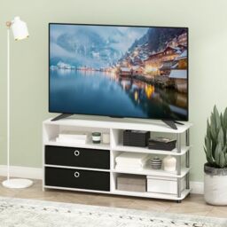 Furinno Jaya TV Stand for TV up to 55-Inch with Storage Bins & Cable Management Hole, 4-Tier White Entertainment Center, TV Console, for Living Room, Bedroom, White Wood