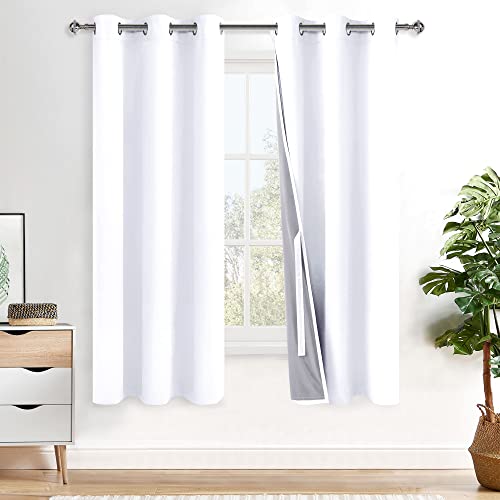 XWZO White 100% Blackout Curtains - Heat and Full Light Blocking Drapes with Black Liner for Bedroom/Laundry Room, Grommet Top Window Panels with Tiebacks, White, W38 x L72, Set of 2