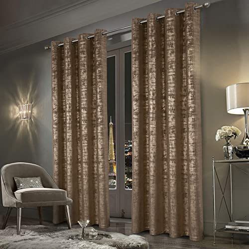 always4u 100% Blackout Soft Velvet Curtains for Bedroom Living Room Thermal Energy Saving 95 Inches Long Luxury Gold Foil Print Drapes 2 Panels Mocha