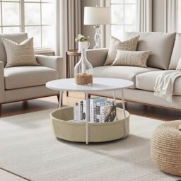 FurnitureR Round Coffee Table with Storage,High Gloss White Center Table for Living Room with Fabric Basket,D75*75*H45.5cm
