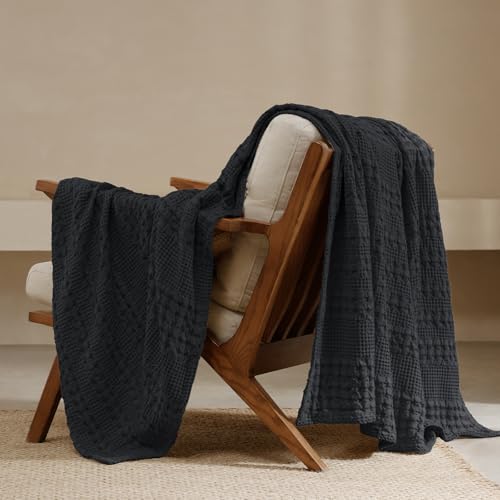 "PHF 100% Cotton Waffle Weave Throw Blanket - Washed Soft Lightweight Blanket for All Season - Breathable and Skin-Friendly Blanket for Couch Bed Sofa 50""x60""- Black"