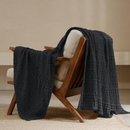 "PHF 100% Cotton Waffle Weave Throw Blanket - Washed Soft Lightweight Blanket for All Season - Breathable and Skin-Friendly Blanket for Couch Bed Sofa 50""x60""- Black"
