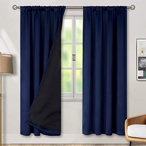 BGment Thermal Insulated 100% Blackout Curtains for Bedroom with Black Liner, Double Layer Full Room Darkening Noise Reducing Rod Pocket Curtain (42 x 84 Inch, Navy Blue, 2 Panels)