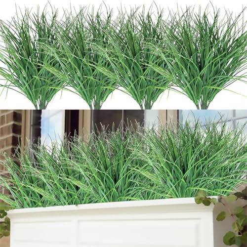 SzJias Fake Grass Plant Artificial Wheat Grass Plants Bushes Plastic Plants for Outdoors Uv Greenery Filler (8 Pcs)