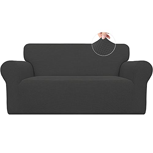 Easy-Going Stretch Sofa Slipcover 1-Piece Sofa Cover Furniture Protector Couch Soft with Elastic Bottom Anti-Slip Foam Kids, Spandex Jacquard Fabric Small Checks(loveseat,Dark Gray)