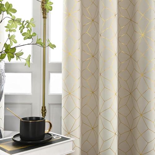 Beauoop Beige Gold 100% Blackout Curtains for Bedroom 50x54 2 Panels - Geometric Foil Patterned Room Darkening Drapes for Living Room 54 Inch Long Moroccan Thermal Insulated Soundproof Grommet