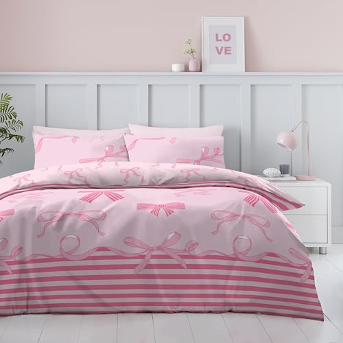 GC GAVENO CAVAILIA Bows Single Duvet Cover Set 135 x 200 Cm - Reversible Striped Bow Pink Bedding Single Sets - Hypoallergenic & Durable Button Closure Quilt Cover With Pillow Case