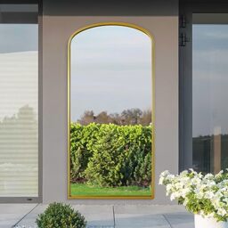 "MirrorOutlet The Angustus - Gold Metal Framed Modern Shallow Arched Garden Wall and Leaner Mirror 67"" X 33"" (170CM X 85CM)"