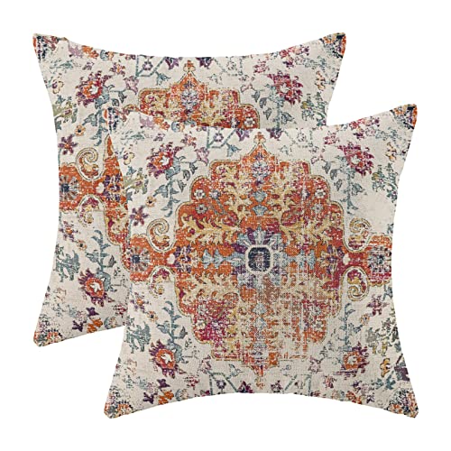 Boho Pillow Covers 18x18 Inch Set of 2,Carpet Pattern Throw Pillows Case,Burnt Orange Yellow Ethnic Design Outdoor Decorative Square Linen Farmhouse Decor Cushion Covers for Home Sofa Bed Couch