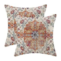 Boho Pillow Covers 18x18 Inch Set of 2,Carpet Pattern Throw Pillows Case,Burnt Orange Yellow Ethnic Design Outdoor Decorative Square Linen Farmhouse Decor Cushion Covers for Home Sofa Bed Couch