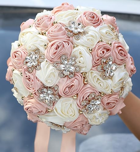 "5.9"" Mini Bridal Bouquet Handmade Satin Rose Round Wedding Bouquet Throw Toss Artificial Flower Bunch Pale Pink + Ivory"