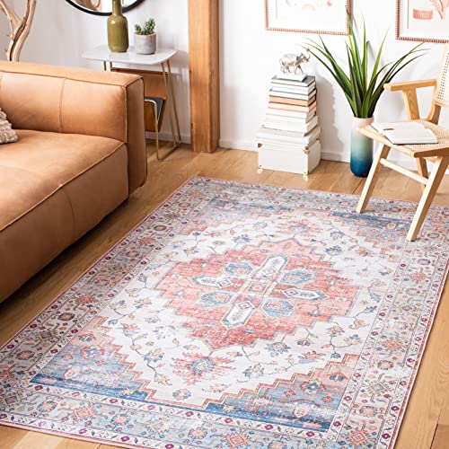 Safavieh Traditional Rug Ideal for High Traffic Areas - Machine Washable and Non Slip - Tucson Collection, Short Pile, in Blue and Beige, 183 X 274 cm
