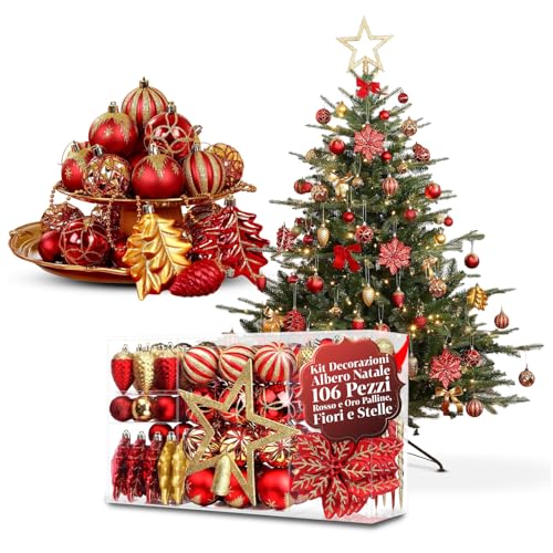 Avilia 106 Piece Christmas Tree Decoration Kit in Red and Gold with Baubles, Flowers and Shatterproof Stars for Matching Christmas Decorations, Easy to Hang and Reuse